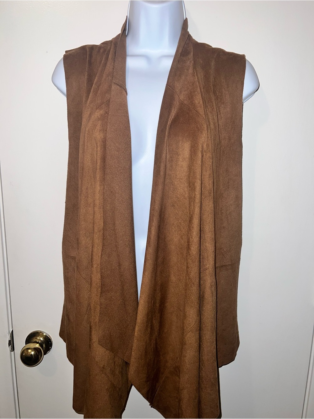 Brown Draped Faux Suede Open Vest
